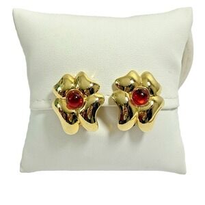 Vintage Gold-Tone Flower Clip-On Earrings with Red Center Stone